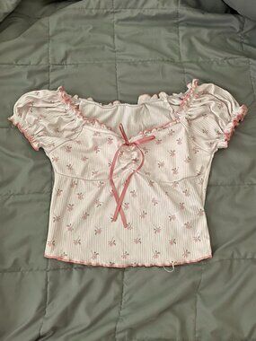 Coquette Floral Pink Flowers Babydoll Top With Pink Ribbon